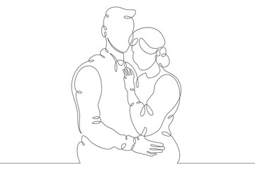 Romantic hugs of lovers. Close relationships, tenderness, emotions. Hugs of a couple. Embrace. One continuous drawing line  logo single hand drawn art doodle isolated minimal illustration.