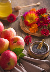 Apple and honey, traditional food of jewish New Year celebration, Rosh Hashana. Selective focus. Copyspace background