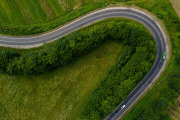 Winding road and dangerous turns, serpentine roads from a bird's eye view.