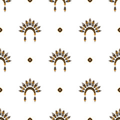 Seamless pattern. Drawing with Indian headdress and black polka dots. Indian tribal headdress illustration