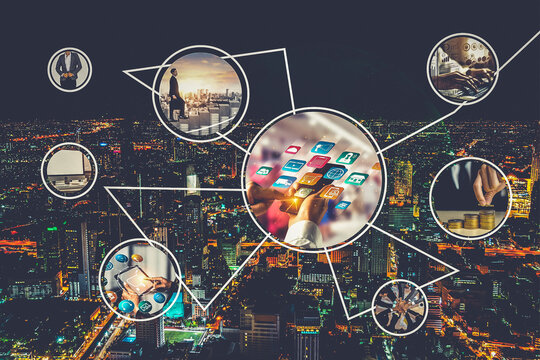 Business network web banner photo set in concept of management and growth by using corporate teamwork and people networking skills . - Powered by Adobe