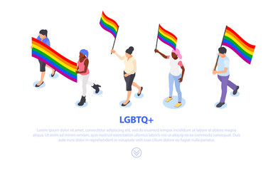 Group of people holding lgbtq flags isolated on white background. Defending rights and freedoms.