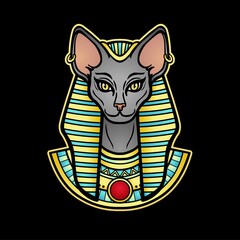 Animation color portrait Ancient Egyptian goddess Bastet (Bast).with cat head.  Vector illustration isolated on a white background. Print, poster, tatoo.