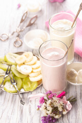 Fruity oghurt smoothie and fresh fruit for breakfast