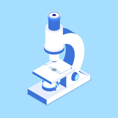 3d microscope. Simple isometric microscope with slide glass, and mirror. Vector illustration isolated on blue background. Eps 10 template. 