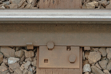 Closeup view of rail track, sleeper, spike, rail plate, and ballast