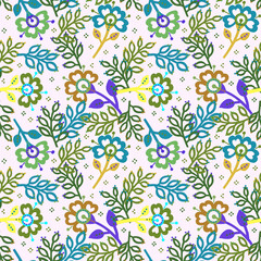 Abstract seamless pattern with colorful flowers and leaves on a white  background