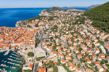 Aerial drone shot of east gate part of Dubrovnik old town in Croatia summer morning