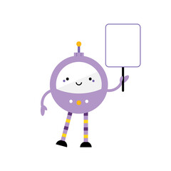 Cute cartoon style purple robot character, toy with long legs and buttons holding empty, blank sign, banner in hand. Vector icon, illustration.
