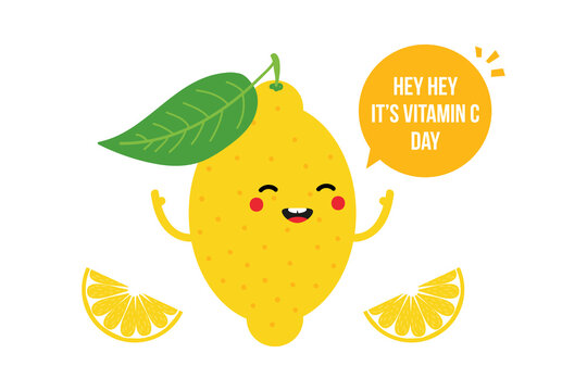 National Vitamin C Day card, illustration with cute smiling lemon character.
