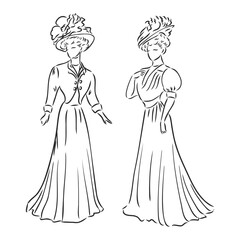 Antique dressed lady. Old fashion vector illustration. Victorian woman in historical dress. Vintage stylized drawing, retro woodcut style