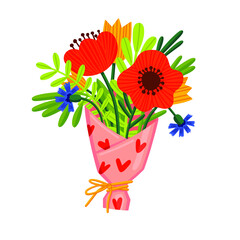 A bouquet of wildflowers. Vector doodle illustration with poppies, cornflowers, tulips in beautiful wrapping paper for a postcard, invitation, card for mother's day, Valentine's day, international wom