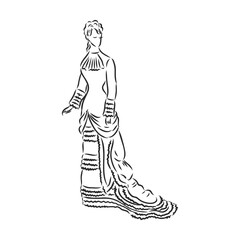 Antique dressed lady. Old fashion vector illustration. Victorian woman in historical dress. Vintage stylized drawing, retro woodcut style