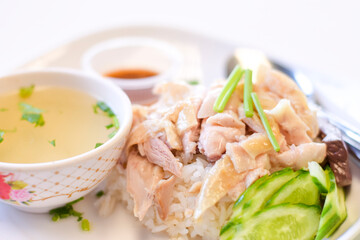 Close-up chicken rice on a white table