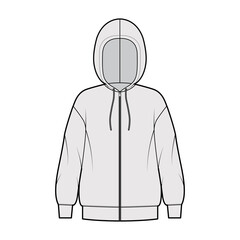 Zip-up Hoody sweatshirt technical fashion illustration with long sleeves, oversized body, drawstring. Flat extra large apparel template front, grey color style. Women, men, unisex CAD mockup