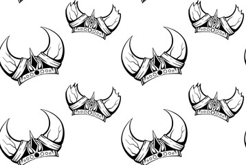 Seamless pattern with the contours of the sketch of the horned viking helmets. Texture with the ammunition of the ancient warriors of the defenders. Military monochrome wallpaper.