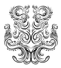 Outline bird pattern with curled tails and wings. Symmetrical decoration in shades of gray. Vintage curled animal ornament. Phoenixes and peacocks. Vector contour symbol for card