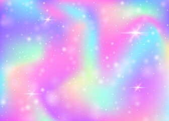 Obraz premium Hologram background with rainbow mesh. Girlish universe banner in princess colors. Fantasy gradient backdrop. Hologram unicorn background with fairy sparkles, stars and blurs.
