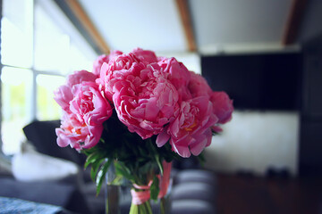 bouquet of pink peonies, spring gift, romantic delicate flowers background, summer look