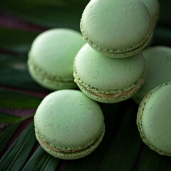 Green Macaroon cookies on palm leaf background. Romantic Sweet gift or present for beloved person. Holiday or festive mood concept. Exquisite goodiesfor refined taste.