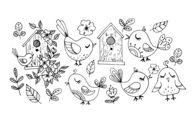 vector doodle illustration world bird day. cute birds hand drawn
