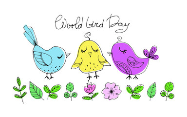 vector doodle illustration world bird day. cute birds hand drawn