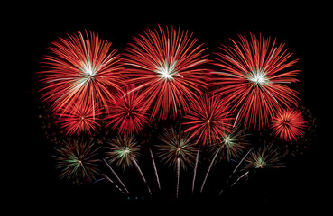 Fototapeta premium Fireworks with different color and pattern for celebration in various events including new year, party, ceremony, birthday or other show and display on night dark sky background.