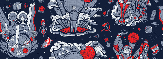 Exploration of Mars planet. Space program of America and China. Multicultural study of deep space. Astronaut, dreamer and scientist. Universe and people. Retro background. Soviet Union mosaic pattern