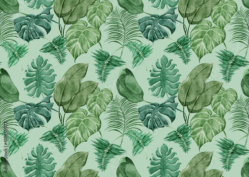 トロピカル南国風植物連続背景パターン Wall Mural Wallpaper Murals Ko Hamari