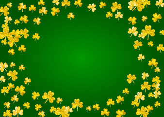 St patricks day background with shamrock. Lucky trefoil confetti. Glitter frame of clover leaves. Template for gift coupons, vouchers, ads, events. Irish st patricks day backdrop