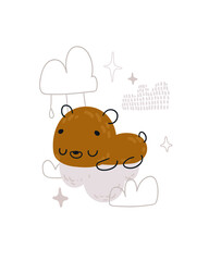 Cute cartoon sleeping bear on a cloud. Print for baby posters, cards, clothes. Vector cartoon illustration.