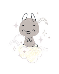 Cute cartoon bunny. Print for baby posters, cards, clothes. Vector cartoon illustration.