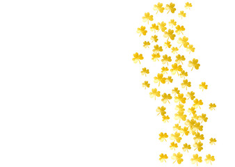 Clover background for Saint Patricks Day.  Lucky trefoil confetti. Glitter frame of shamrock leaves. Template for flyer, special business offer, promo. Irish clover background.