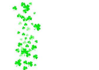 St patricks day background with shamrock. Lucky trefoil confetti. Glitter frame of clover leaves. Template for party invite, retail offer and ad. Irish st patricks day backdrop