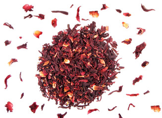 Dry herbal hibiscus tea isolated on white background
