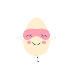 Cute happy chicken egg with sleep mask. Eggs for breakfast. Vector flat cartoon character illustration icon design.Isolated on white background. Chicken egg, Easter concept
