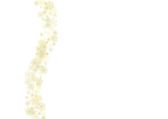 Glitter snowflakes frame on white horizontal background. Shiny Christmas and New Year frame for gift certificate, ads, banners, flyers. Falling snow with golden glitter snowflakes for party invite