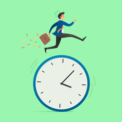 Business concept. Businessman running on a big clock. Symbol of difficulty, ambition, motivation, struggle, achievement. Simple flat cartoon. Vector illustration