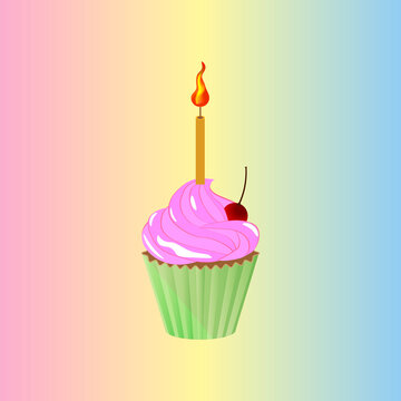 colorful birthday greetings with small cake and beautiful candle