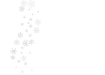 Fototapeta premium Snowflakes falling on white background. Horizontal Christmas and Happy New Year theme. Silver falling snowflakes for banner, gift card, party invitation, partner compliment and special business offers