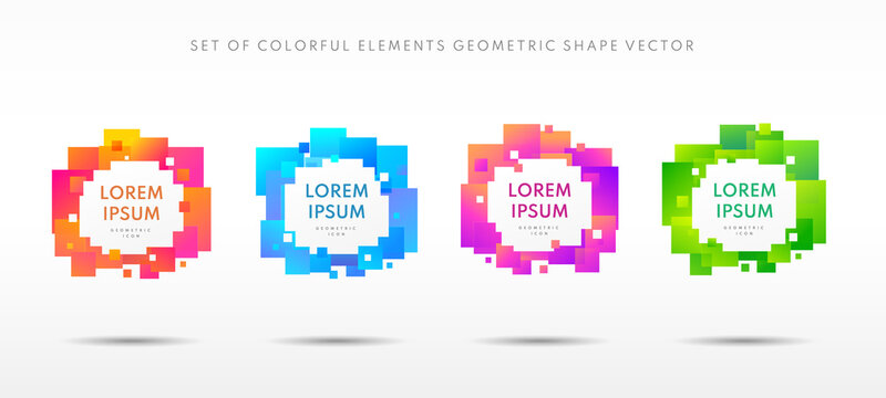 Abstract trendy gradient geometric pattern composition set with overlapping square shapes on white background. Modern and Minimal isolated icon collection. Futuristic pixel concept design.