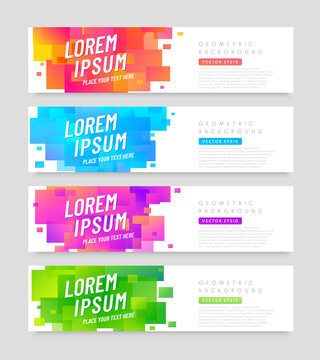 Set of horizontal white banners with dynamic overlap colorful square shapes. Abstract universal template for a web site elements. Geometric modern coupon template design collection. Vector illustrator