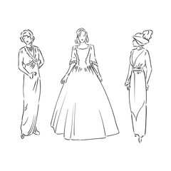 Antique dressed lady. Old fashion vector illustration. Victorian woman in historical dress. Vintage stylized drawing, retro woodcut style