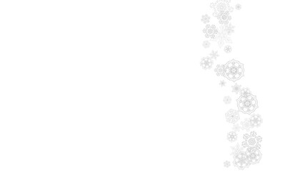 Snowflakes falling on white background. Horizontal Christmas and Happy New Year theme. Silver falling snowflakes for banner, gift card, party invitation, partner compliment and special business offers