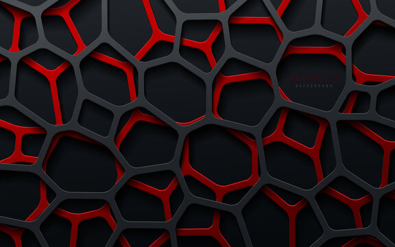 Abstract red and black geometric voronoi line overlap layers on dark background. Modern tech futuristic design. You can use for cover template, poster, banner web, flyer, Print ad. Vector illustration