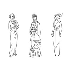 Antique dressed lady. Old fashion vector illustration. Victorian woman in historical dress. Vintage stylized drawing, retro woodcut style