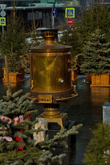 Street samovar for tea on the wood.