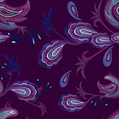 Pattern of magic purple birds with Turkish cucumbers on a purple background