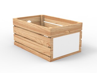 Wooden crate with blank paper label. 3d render illustration. 