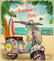 Summer poster with hippie vintage scooter.